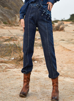Retro High Waisted Embroidered Straight Jeans