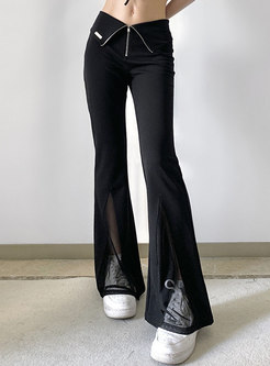 Black High Waisted Mesh Patchwork Flare Pants
