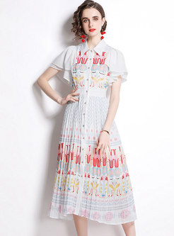 Print Flare Sleeve A Line Pleated Midi Dress