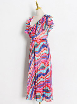 V-neck Short Sleeve Striped Boho Beach Maxi Dress