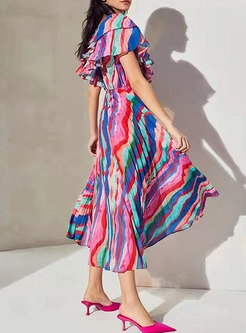 V-neck Short Sleeve Striped Boho Beach Maxi Dress
