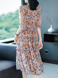 V-neck Half Sleeve Print Silk Midi Dress