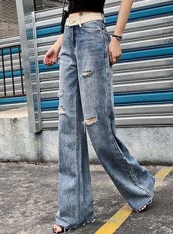 High Waisted Ripped Long Wide Leg Jeans