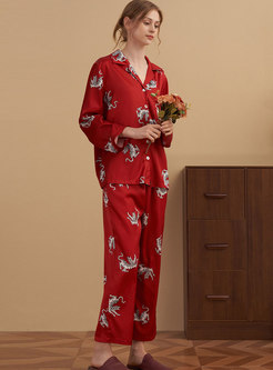 Casual Red Notched Collar Long Sleeve Print Pajama Set