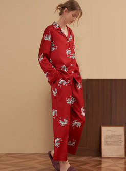 Casual Red Notched Collar Long Sleeve Print Pajama Set