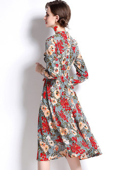 Bowknot V-neck Long Sleeve Print Chiffon Dress
