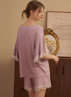 Lace Patchwork Ruffle Sleeve Modal Pajama Set
