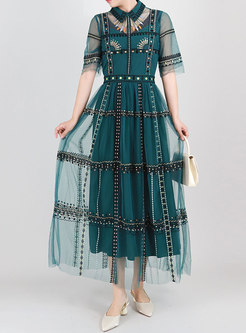 Short Sleeve Sheer Mesh Embroidered Maxi Dress