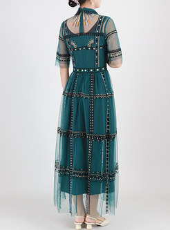 Short Sleeve Sheer Mesh Embroidered Maxi Dress