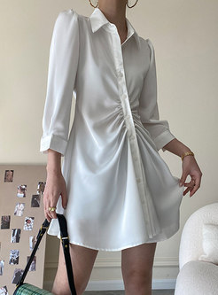 Long Sleeve Ruched A Line Mini Shirt Dress