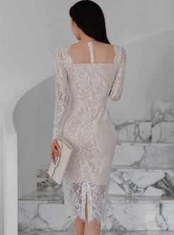 Square Neck Long Sleeve Lace Bodycon Dress