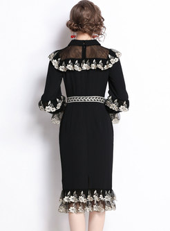 Black Long Sleeve Embroidered Mermaid Dress