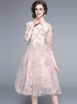 Pink Mesh Embroidered A Line Midi Bridesmaid Dress