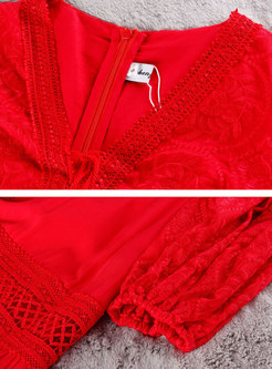 Red Puff Sleeve A Line Boho Beach Maxi Dress