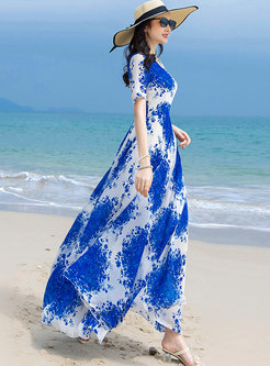 V-neck Short Sleeve Print Boho Beach Maxi Dress