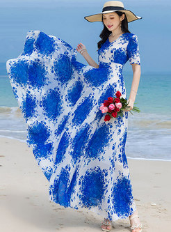 V-neck Short Sleeve Print Boho Beach Maxi Dress