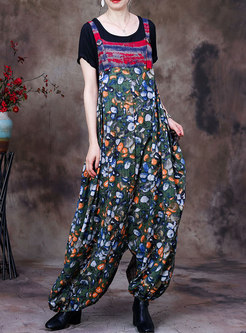 Casual Plus Size Loose Tee & Print Harem Overalls