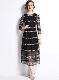 Crew Neck Sheer Mesh Lace Embroidered Maxi Dress