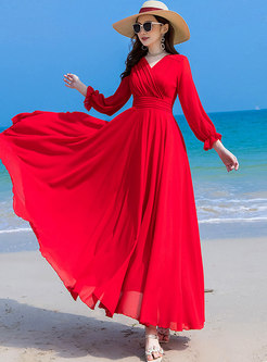 Red Long Sleeve Big Hem Chiffon Beach Maxi Dress