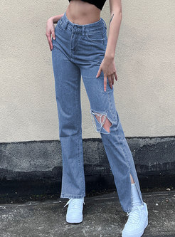 High Waisted Straight Split Ripped Jeans