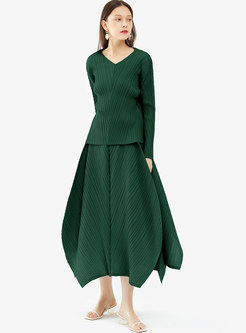 Casual V-neck Long Sleeve Tee & High Waisted Maxi Skirt