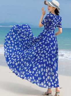 V-neck Short Sleeve Print Chiffon Boho Beach Maxi Dress