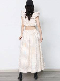 Square Neck Striped Crop Blouse & A Line Long Skirt