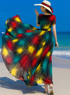 Boho Print Short Sleeve Big Hem Beach Dress
