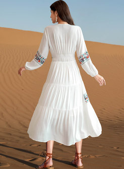 Boho V-neck Long Sleeve A Line Beach Maxi Dress