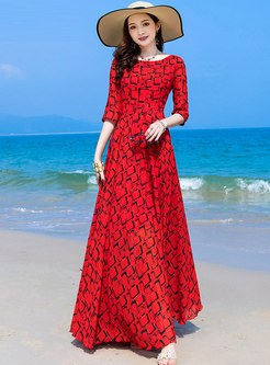 Red Geometric Pattern Chiffon Big Hem Boho Dress