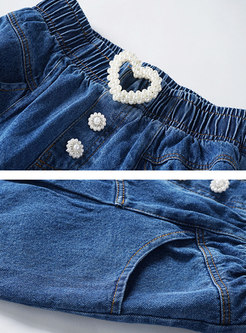 High Waisted Pearl Embellished Straight Jeans