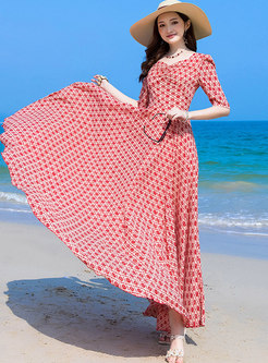 Boho V-neck Half Sleeve Print Beach Maxi Dress