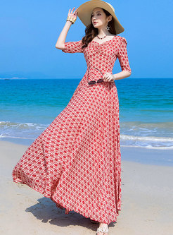 Boho V-neck Half Sleeve Print Beach Maxi Dress