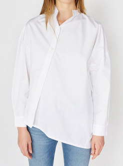 Mock Neck Long Sleeve Asymmetric Cotton Shirt