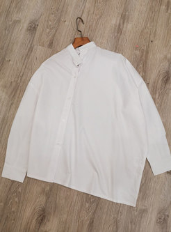 Mock Neck Long Sleeve Asymmetric Cotton Shirt