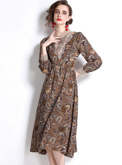 Retro Mandarin Collar Print Lace Patchwork Midi Dress