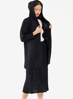 Hooded Straight Pleated Coat & Straight Midi Skirt