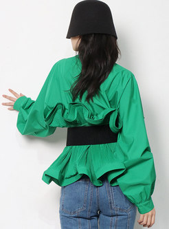 Mock Neck Belted Pullover Ruffle Blouse