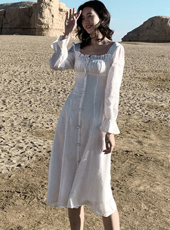 Square Neck Long Sleeve A Line Midi Beach Dress