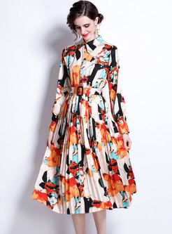 Long Sleeve Floral Belted Midi Pleated Shirt Dress