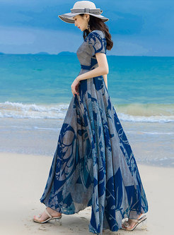 Boho Print Chiffon Big Hem Beach Long Dress