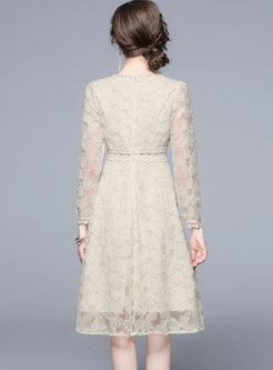 V-neck Long Sleeve High Waisted Lace Midi Dress