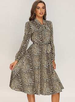 Retro Bowknot Long Sleeve Leopard A Line Midi Dress