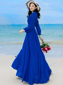 Boho Blue Long Sleeve Chiffon Beach Maxi Dress