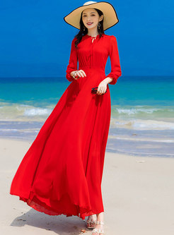 Red Long Sleeve Chiffon Big Hem Boho Beach Dress