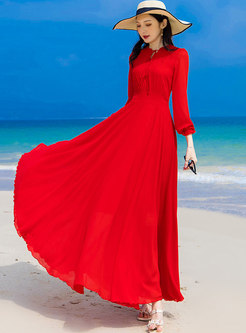 Red Long Sleeve Chiffon Big Hem Boho Beach Dress