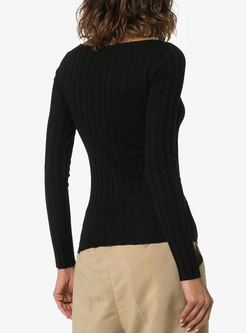 V-neck Long Sleeve Ribbed Pullover Slim Sweater