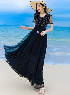 V-neck Polka Dot Mesh Patchwork Chiffon Beach Dress