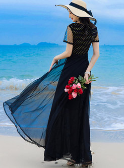 V-neck Polka Dot Mesh Patchwork Chiffon Beach Dress