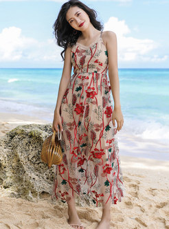 V-neck Mesh Embroidered Long Boho Beach Dress